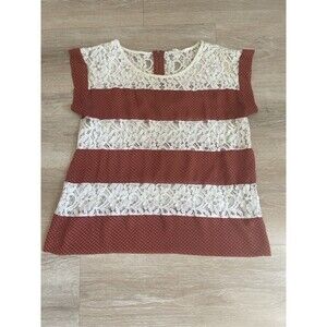 Hem & Thread Women’s Large Boho Lace Colorblock Blouse Cap Sleeve Top